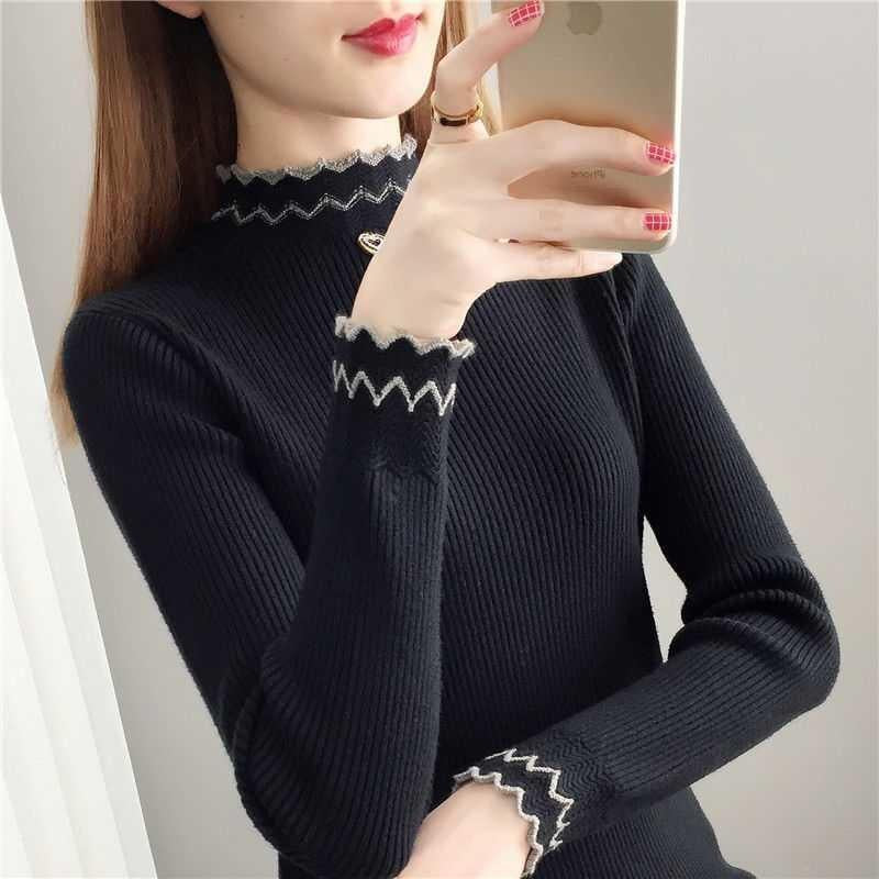 Damen Strickpullover mit steigendem Kragen und Wellenmuster Drune