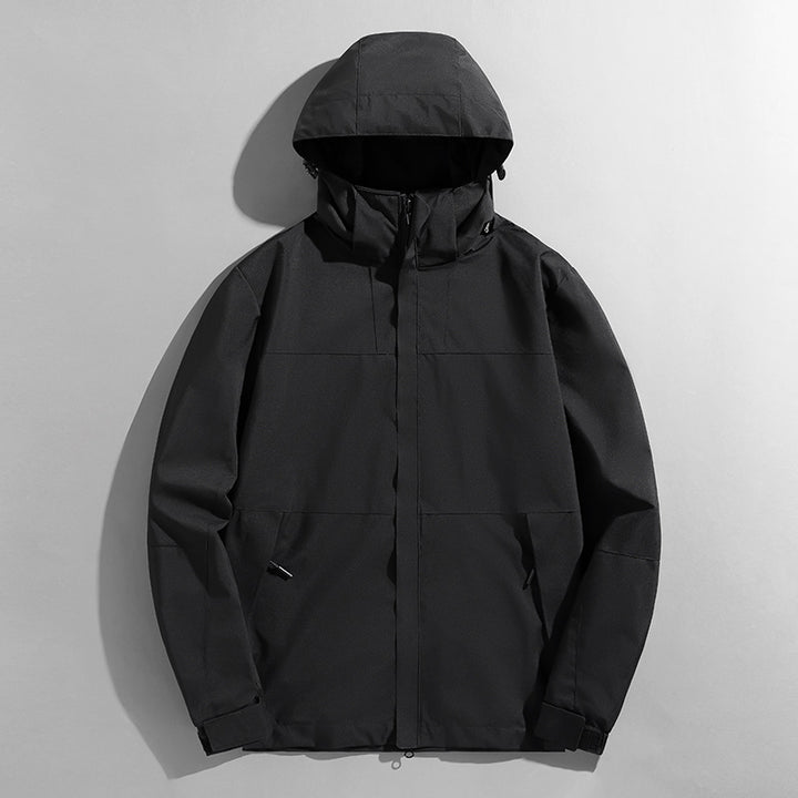 Herren zweilagige technische Kapuzen-Outdoorjacke mit hochschließendem Stehkragen und verstellbarer Kapuze Drune