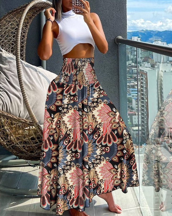 Damen Maxirock mit hohem Smokbund, weitem Fall und Paisley‑Print Drune