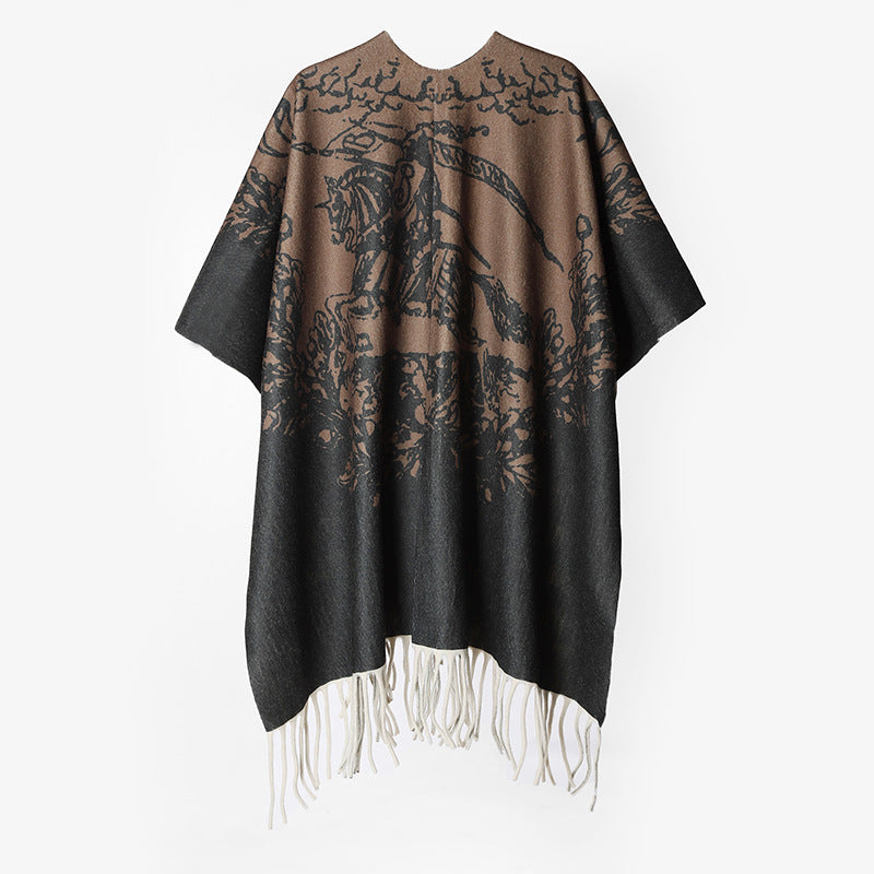 Damen Fransen‑Capeponcho aus Wollmischung mit Jacquard‑Logomotiv und offenem Oversize‑Fall Drune