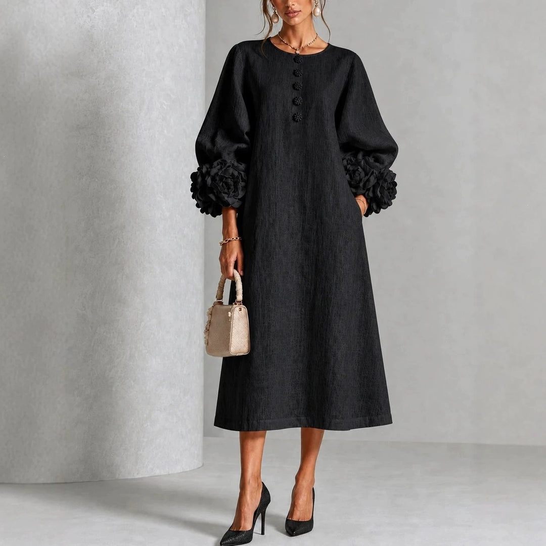 Damen Midikleid aus Leinen mit Ballonärmeln und 3D-Blütenmanschetten Drune