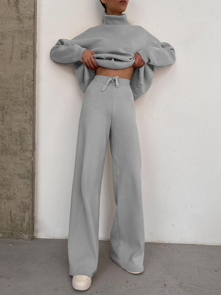 Damen Weite Strickhose mit hoher Taille, Tunnelzug und weitem Bein Drune