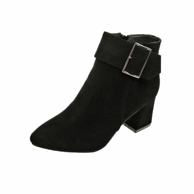 Damen nan elegante Wildlederoptik Stiefelette mit mittelhohem Blockabsatz und breitem Schnallenriemen Drune