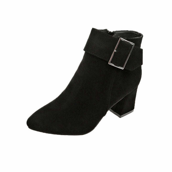 Damen nan elegante Wildlederoptik Stiefelette mit mittelhohem Blockabsatz und breitem Schnallenriemen Drune