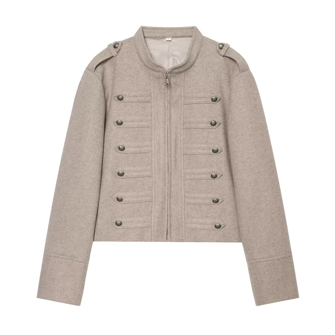 Damen Militärisch inspirierte kurze Wolljacke mit Stehkragen Drune