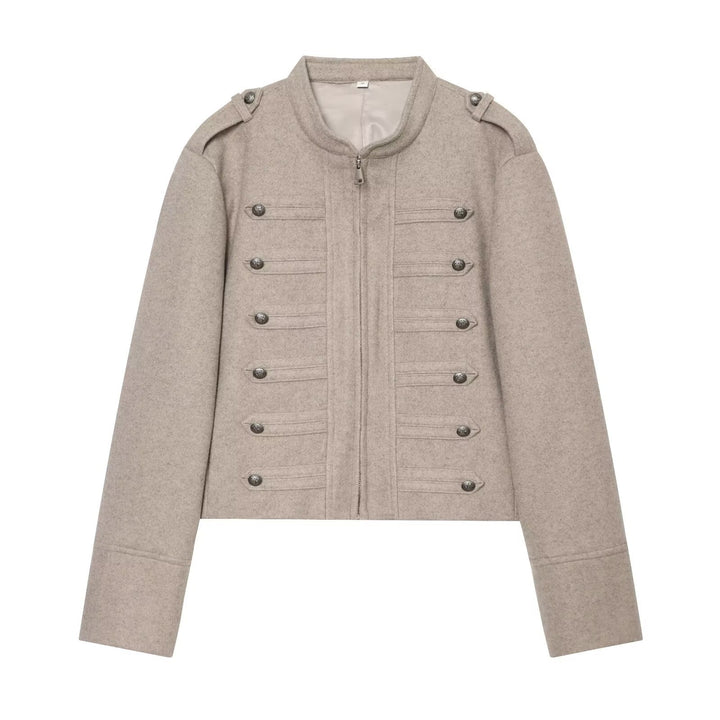 Damen Militärisch inspirierte kurze Wolljacke mit Stehkragen Drune