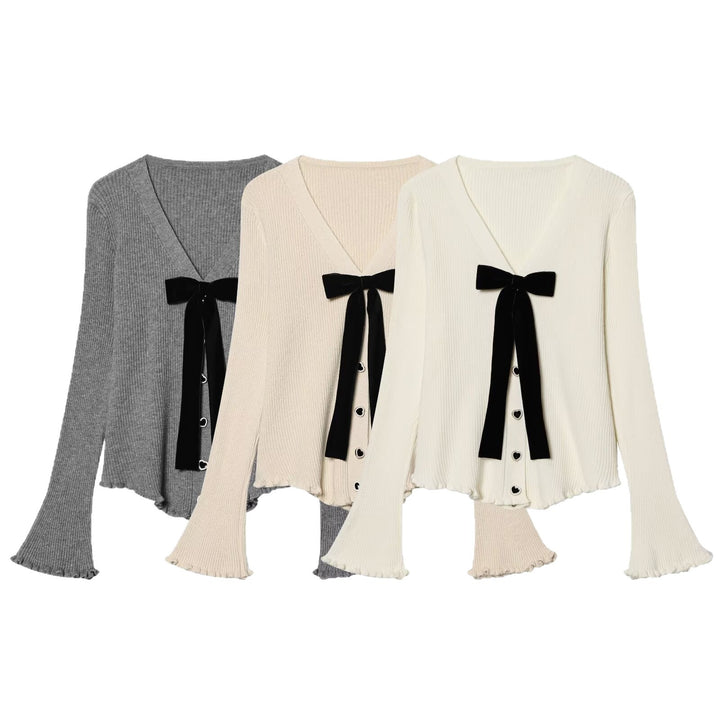 Damen Feinstrick-Cardigan mit V-Ausschnitt, Samtschleife und Herzknöpfen Drune