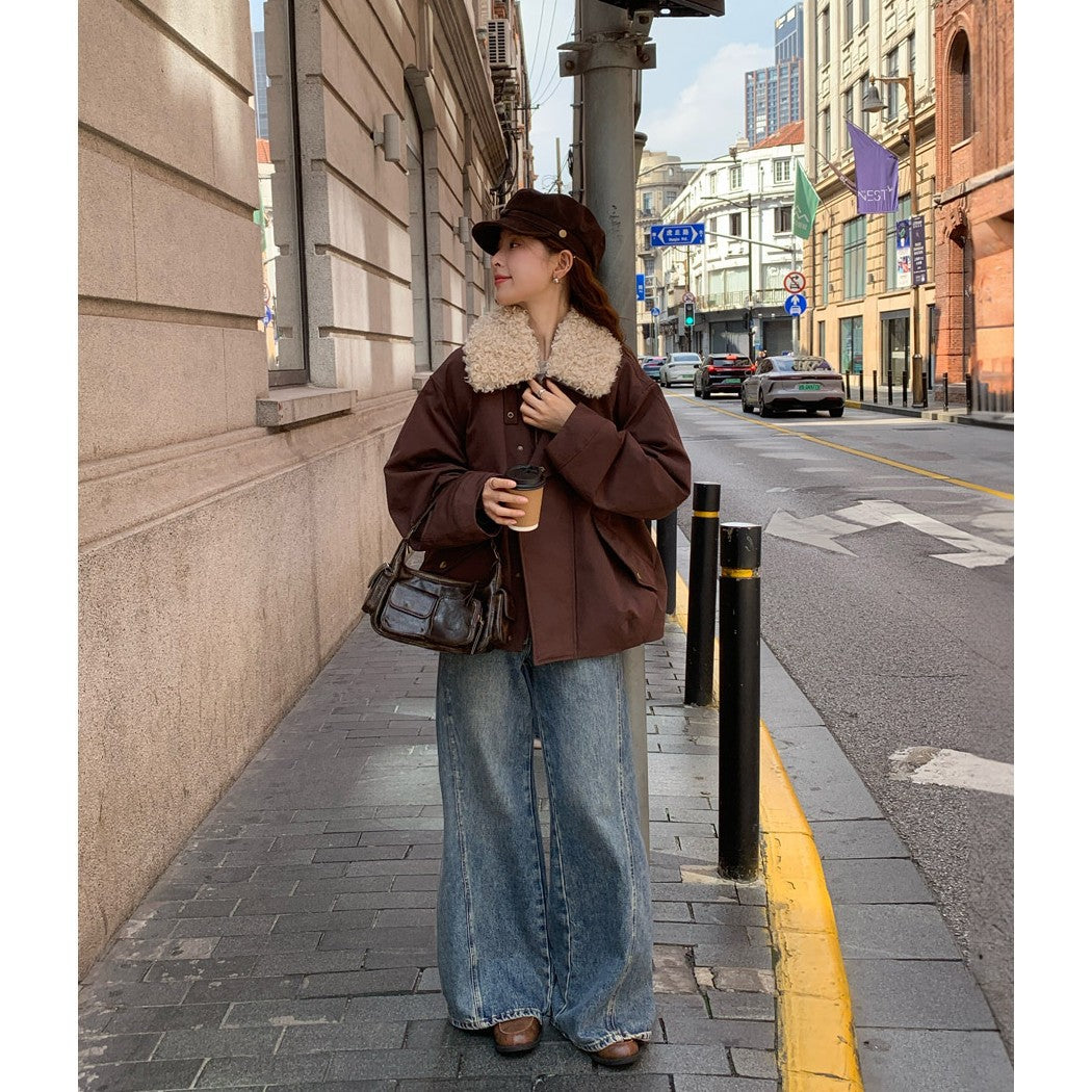 Damen Oversize-Kurzjacke mit Teddykragen und Pattentaschen Drune
