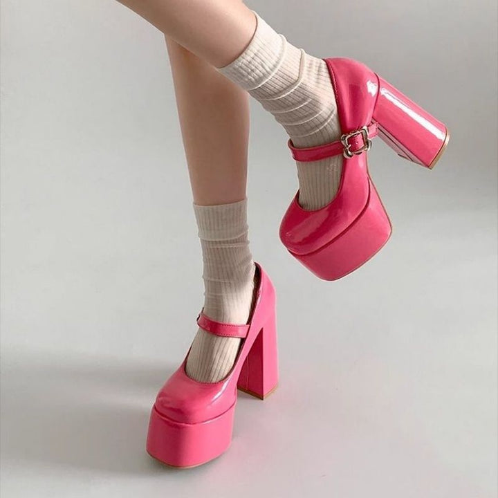 Damen Plateau-Mary-Jane Pumps mit hoher Plattform und sculpted Blockabsatz Drune