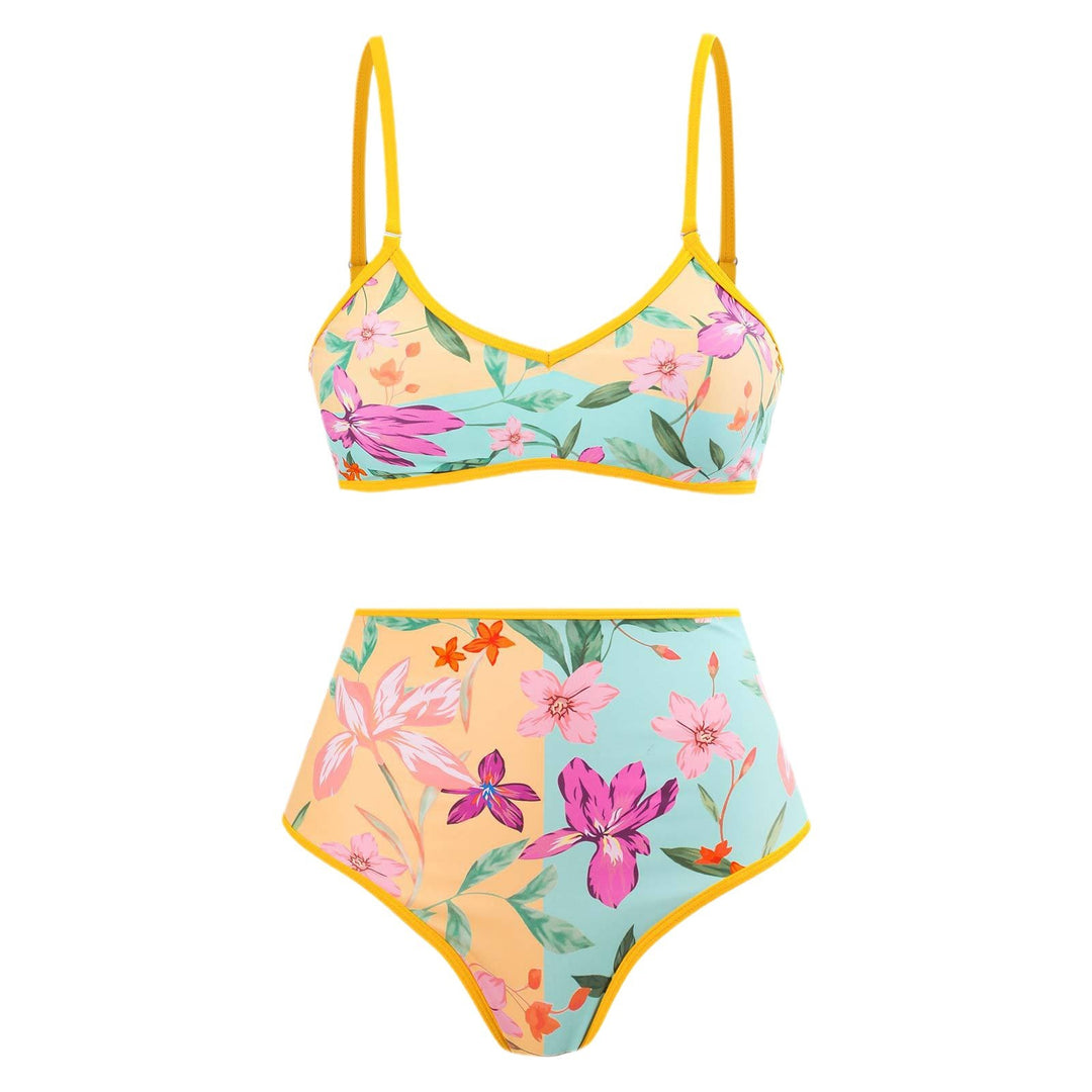 Damen Hochgeschnittener Bikini mit floralem Muster und kontrastierendem Detail Drune