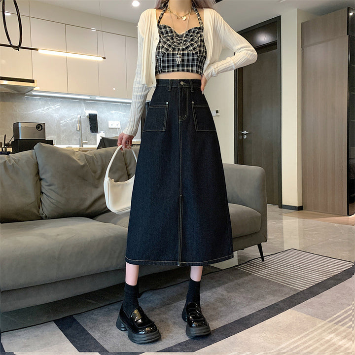 Damen Langer Denim-Rock mit praktischen Taschen Drune