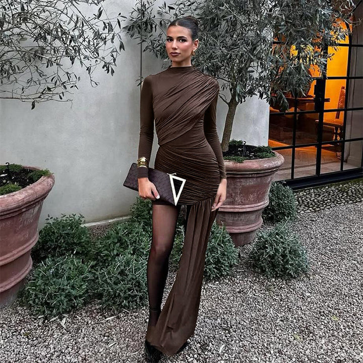 Damen elegantes Wickelkleid mit asymmetrischem Saum und langen Ärmeln Drune