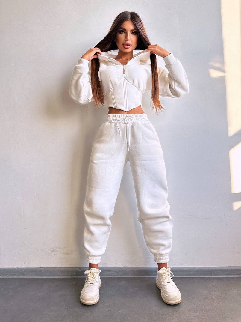 Damen Crop-Kapuzenjacke mit Korsagennaht und High-Waist Jogginghose Drune