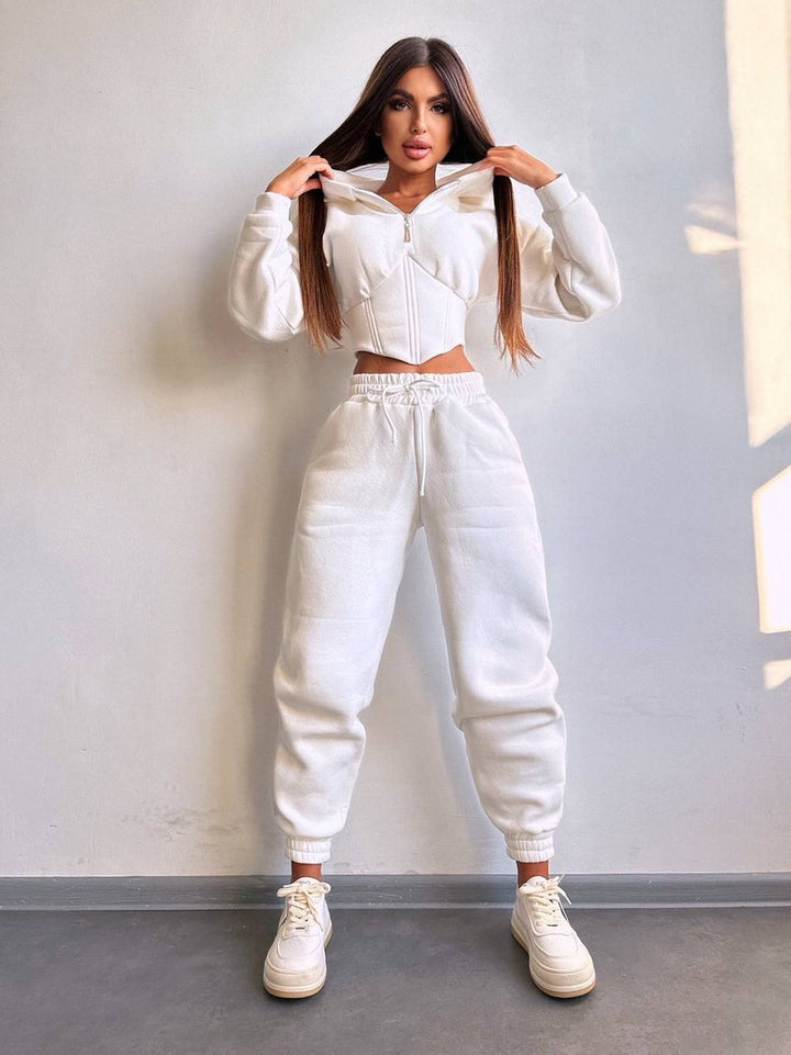 Damen Crop-Kapuzenjacke mit Korsagennaht und High-Waist Jogginghose Drune