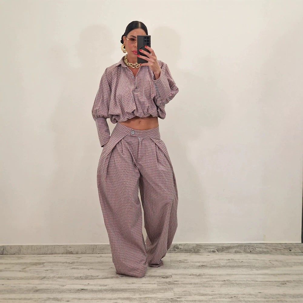 Damen Zweiteiliges kariertes Set mit Cropped Oversize-Hemd und weiter Bundfaltenhose Drune