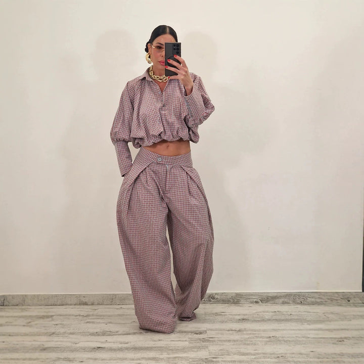 Damen Zweiteiliges kariertes Set mit Cropped Oversize-Hemd und weiter Bundfaltenhose Drune