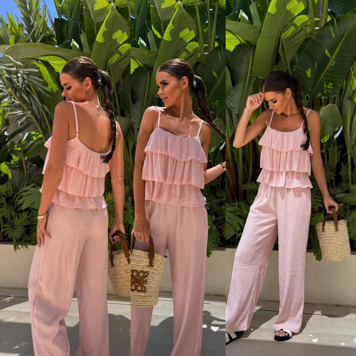 Damen Plissee-Volant-Cropped-Top mit Spaghettiträgern und weitem High-Waist-Hose-Set Drune
