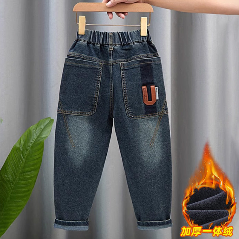 Unisex modische Denim-Hose mit elastischem Bund und großen Taschen Drune