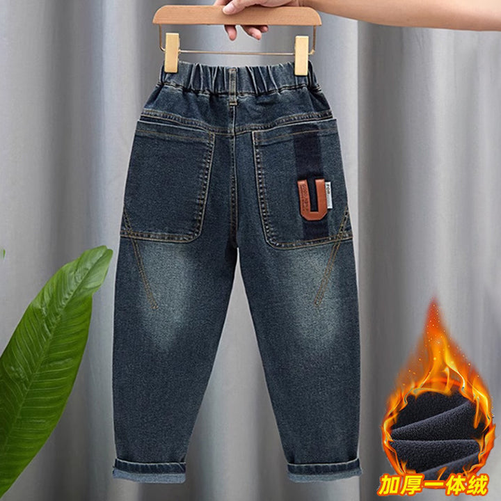 Unisex modische Denim-Hose mit elastischem Bund und großen Taschen Drune