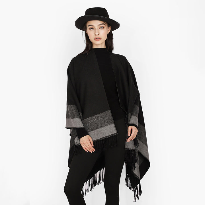 Damen Wollmix-Capeponcho mit kontrastierter Kante, großem Oversize-Fall und Fransensaum Drune