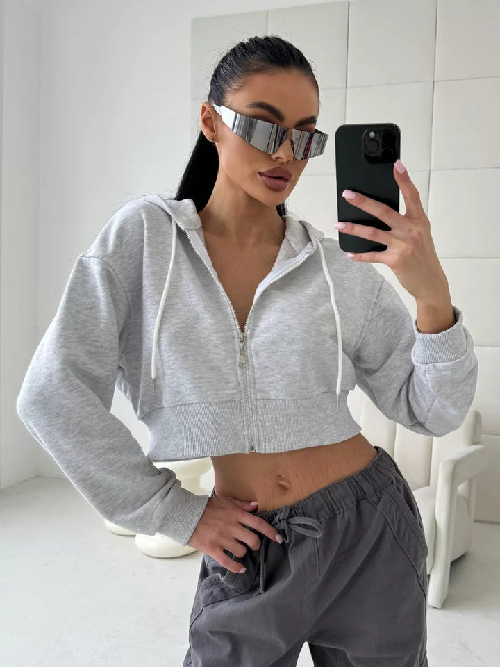 Damen Cropped Kapuzenjacke mit kurzem Reißverschluss und breitem Rippbund Drune