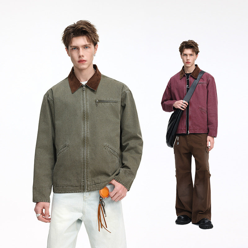 Herren Freizeitjacke aus gewaschenem Baumwollcanvas mit Cordkragen und Reißverschluss-Tasche Drune