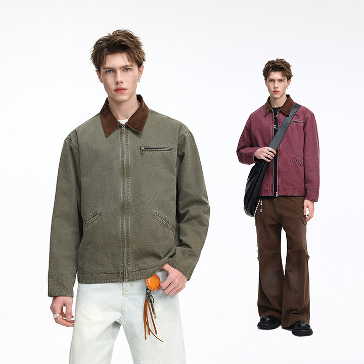 Herren Freizeitjacke aus gewaschenem Baumwollcanvas mit Cordkragen und Reißverschluss-Tasche Drune