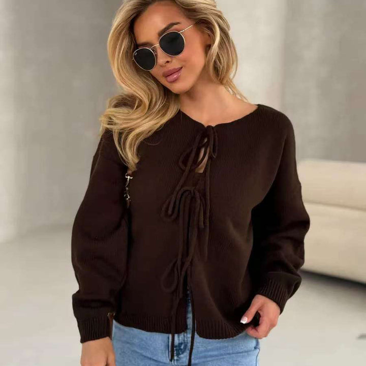 Damen lässiger Strickpullover mit dekorativer Schnürung und weitem Schnitt Drune
