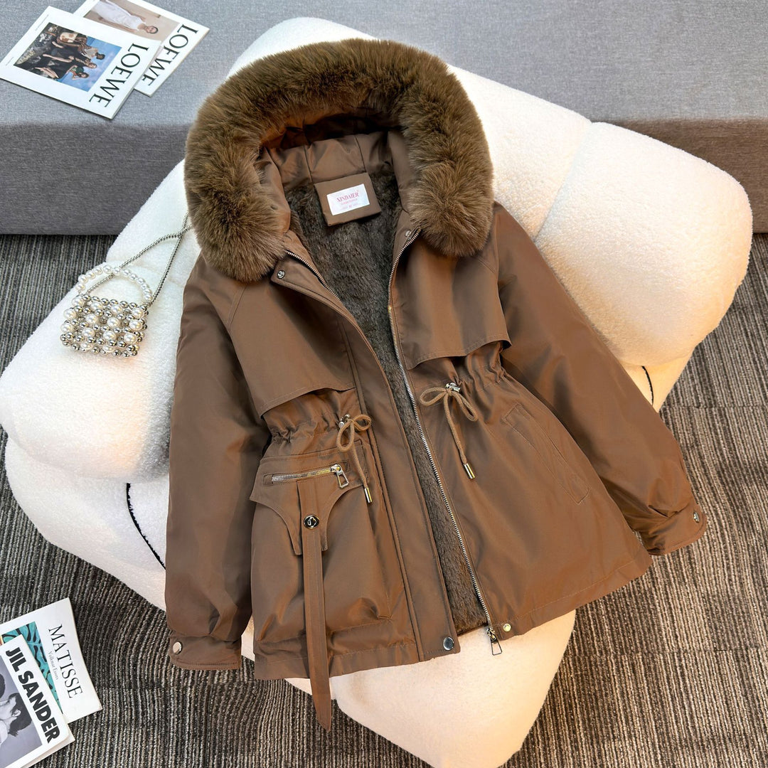 Damen nan kurze gefütterte Parka mit Kunstpelzkragen Teddyfutter Taillenzug und Multifunktions-Taschen Drune