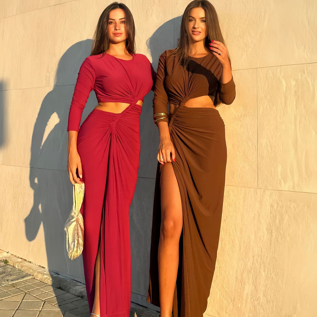 Damen elegantes Wickelkleid mit raffinierten Drapierungen und Cut-Out-Details Drune