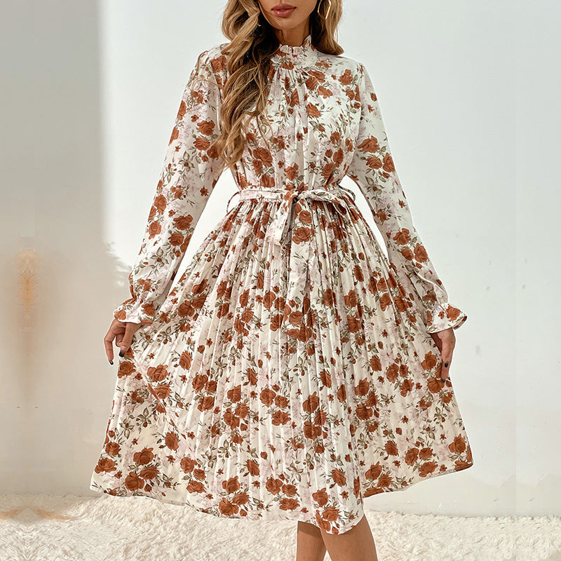 Damen Blumiges Midi-Kleid mit Gürtel und Rüschendetails Drune