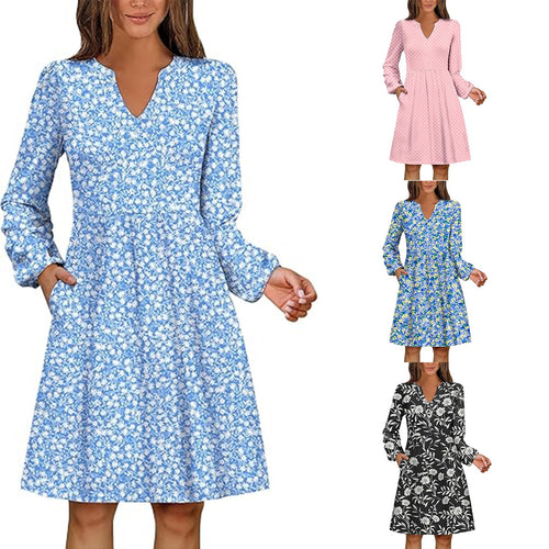 Damen Polka‑Dot A‑Linien Kleid mit V‑Ausschnitt und Taillennaht Drune