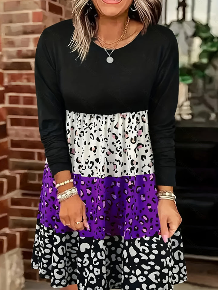 Damen nan langärmliges Stufenkleid mit geraffter Empire-Taille und gemischtem Animal-Print Drune