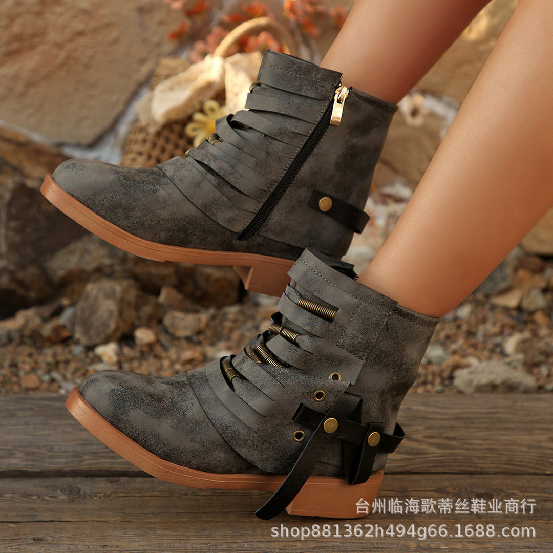 Damen Fransen-Ankle-Boots mit geschichteten Riemen und seitlichem Reißverschluss Drune