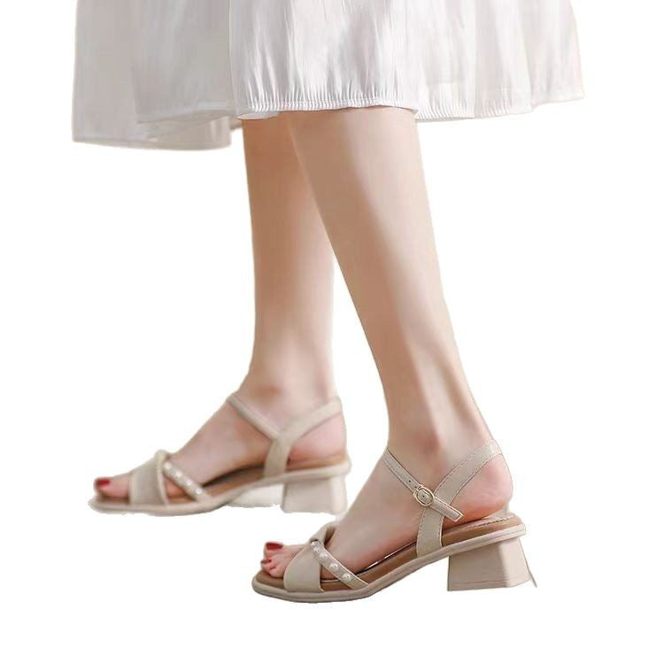 Damen elegante Riemensandalen mit modischem Perlenakzent und komfortablem Blockabsatz Drune