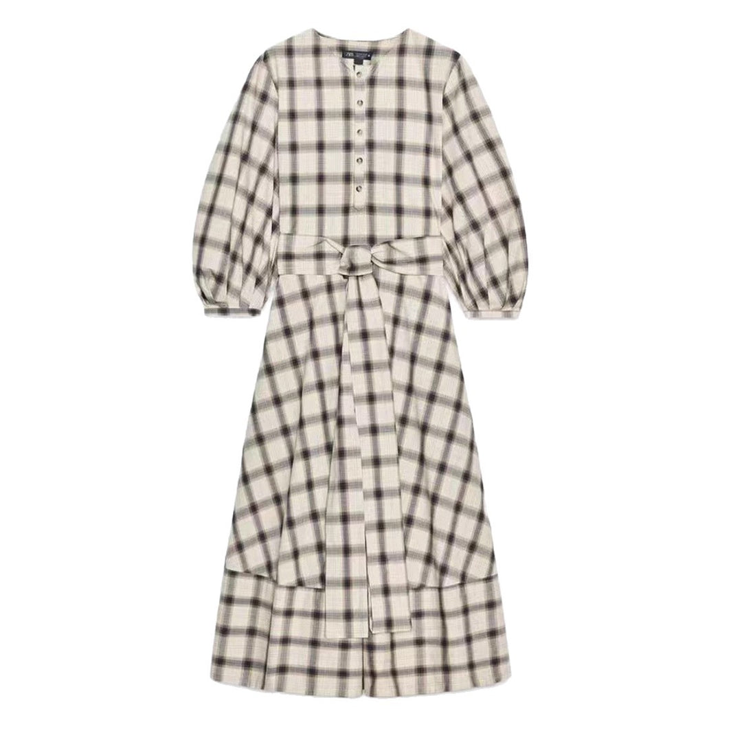 Damen nan kariertes Midikleid mit Ballonärmeln, Taillengürtel und Zierknopfleiste Drune