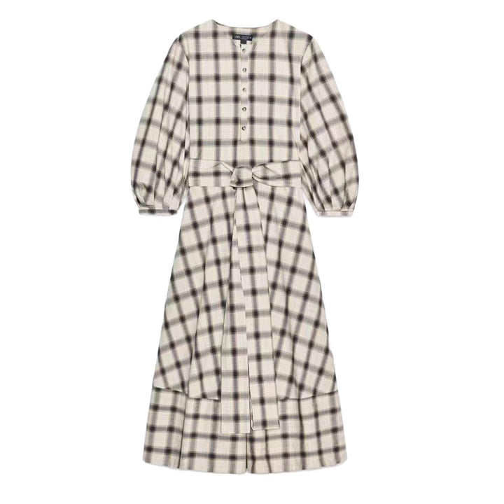 Damen nan kariertes Midikleid mit Ballonärmeln, Taillengürtel und Zierknopfleiste Drune