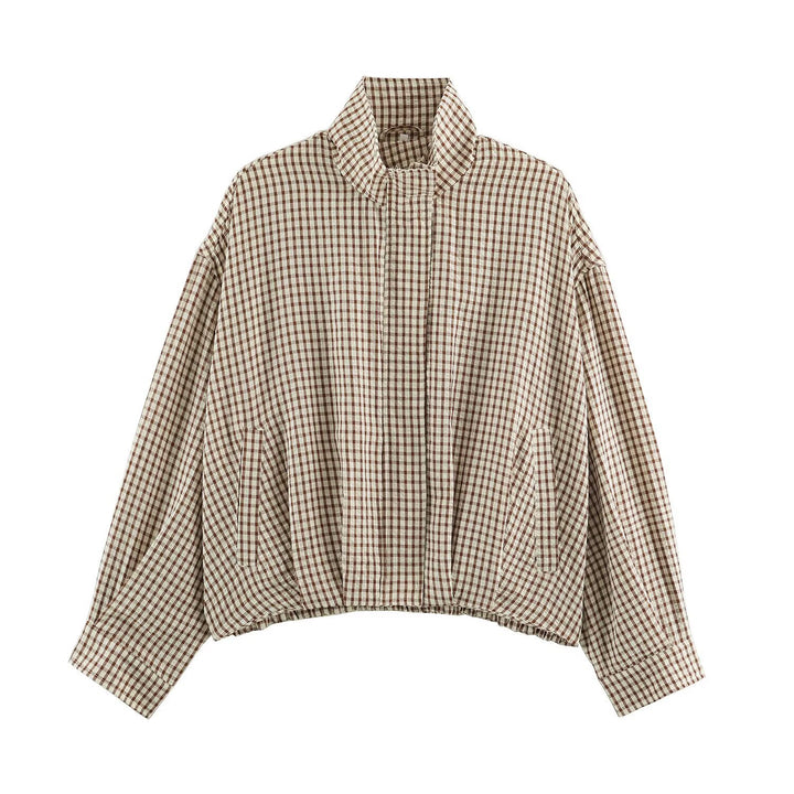 Damen Oversize Karierte Blousonjacke mit Stehkragen Drune