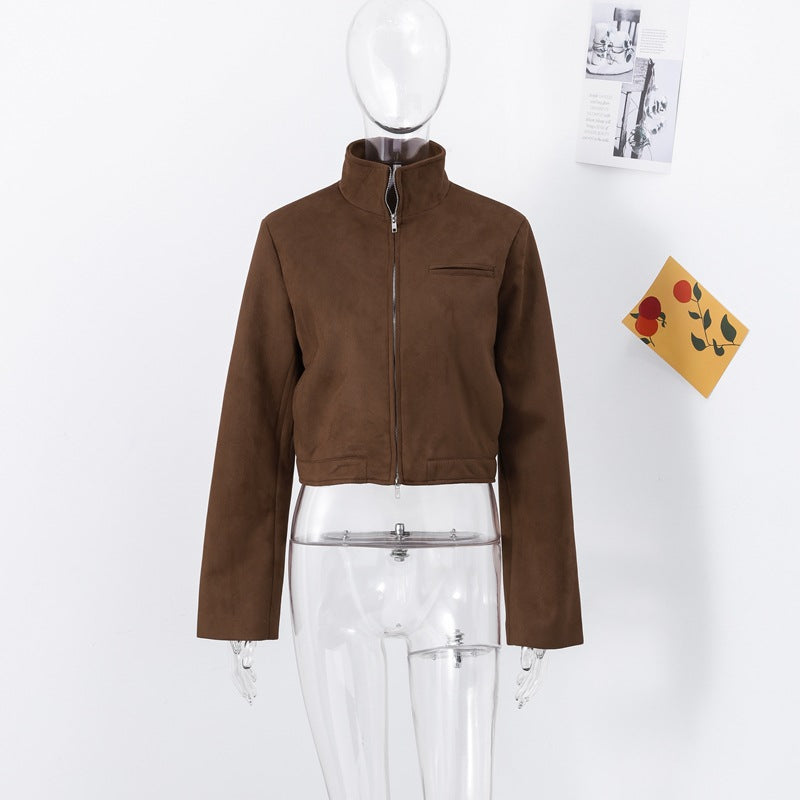 Damen Kurze Veloursjacke mit Stehkragen und seitlichem Reißverschluss Drune