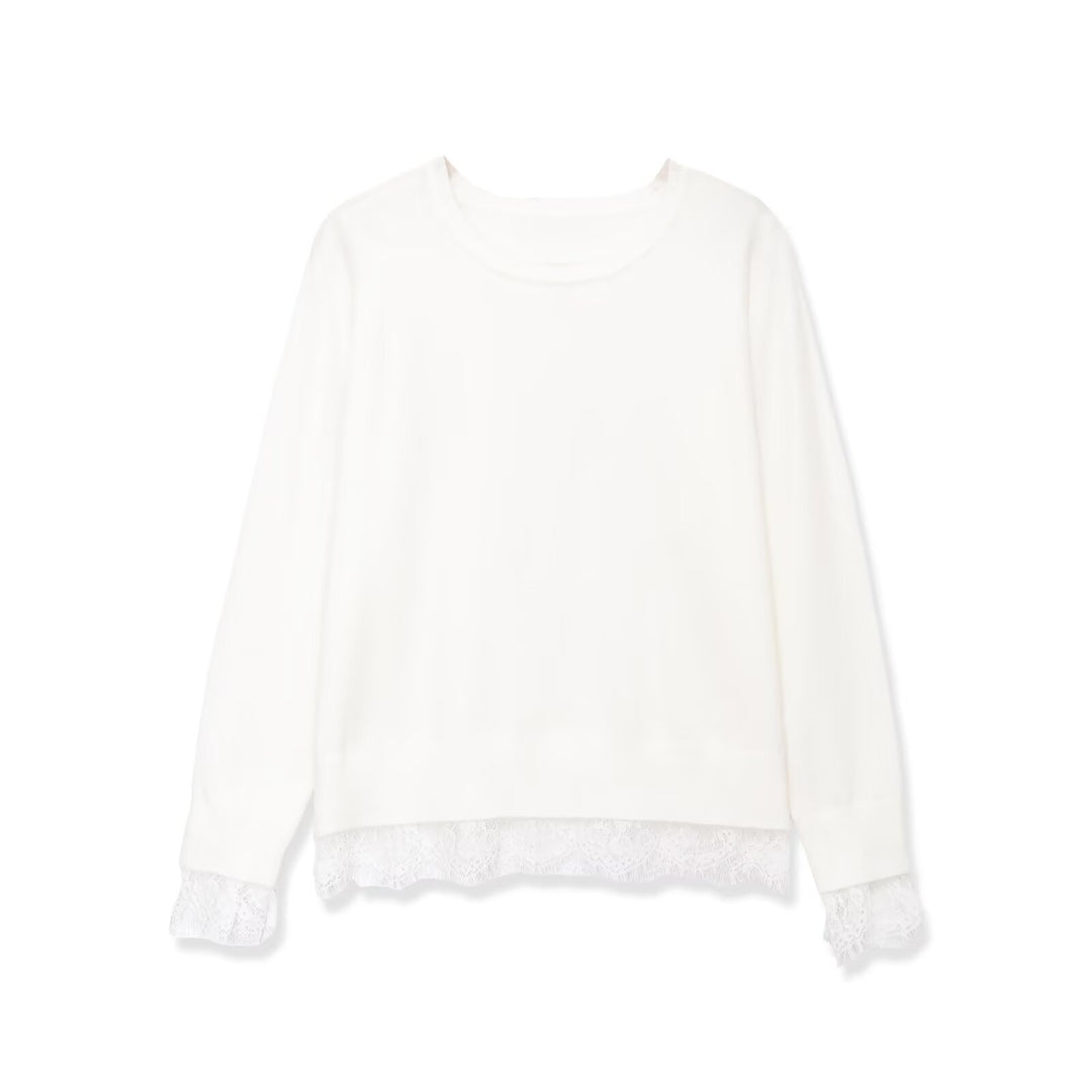 Damen Oversize Baumwollpullover mit Spitzenbesatz Drune