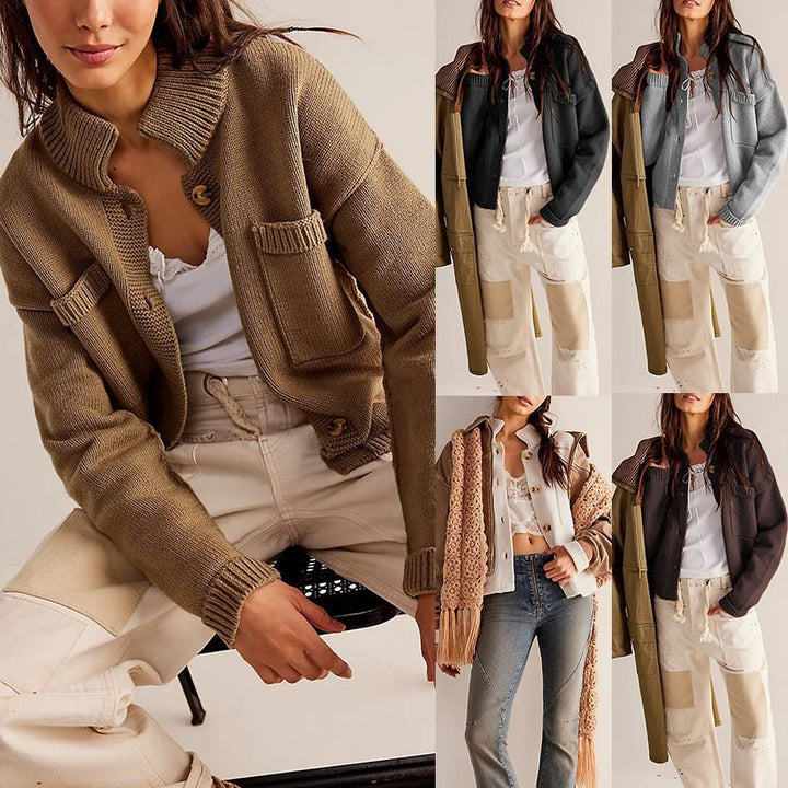 Damen lässige Strickjacke mit aufgesetzten Taschen und Knopfverschluss Drune