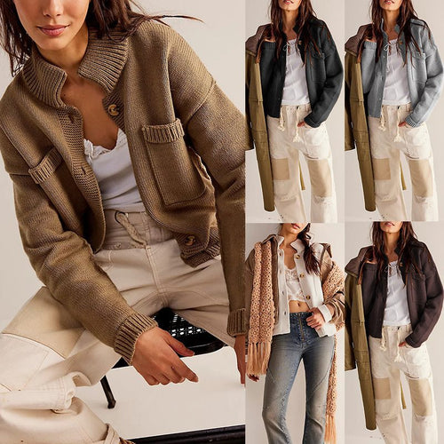 Damen lässige Strickjacke mit aufgesetzten Taschen und Knopfverschluss Drune