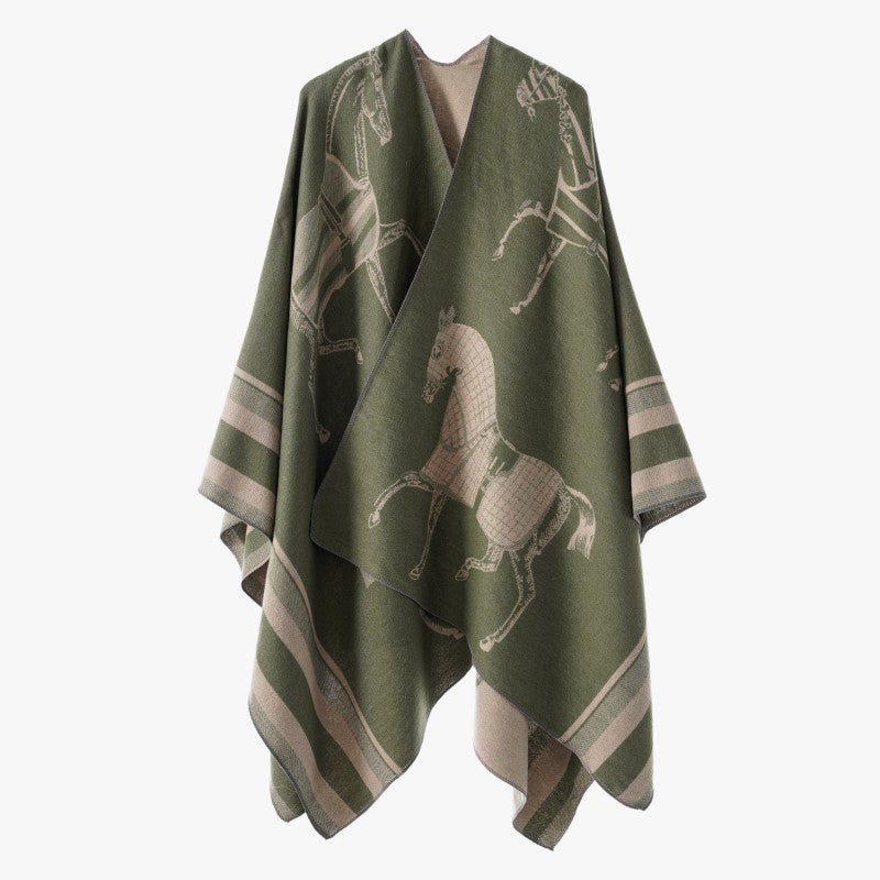 Damen Jacquard-Poncho-Überwurf mit Pferde-Motiv und kastiger Kimono-Silhouette Drune