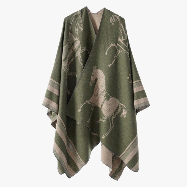 Damen Jacquard-Poncho-Überwurf mit Pferde-Motiv und kastiger Kimono-Silhouette Drune