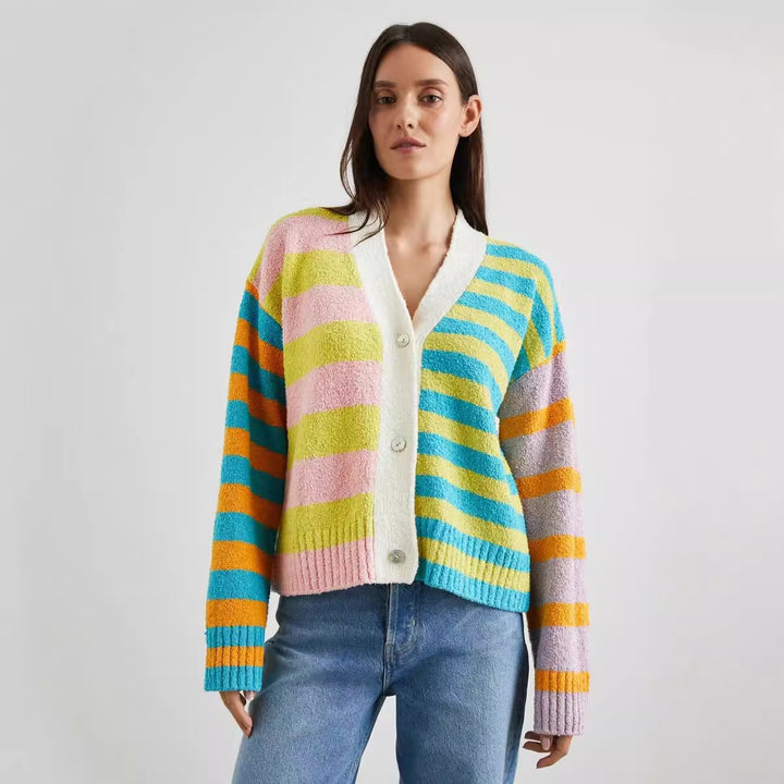Damen lockerer gestreifter Frottee-Cardigan mit V-Ausschnitt und Knopfleiste Drune