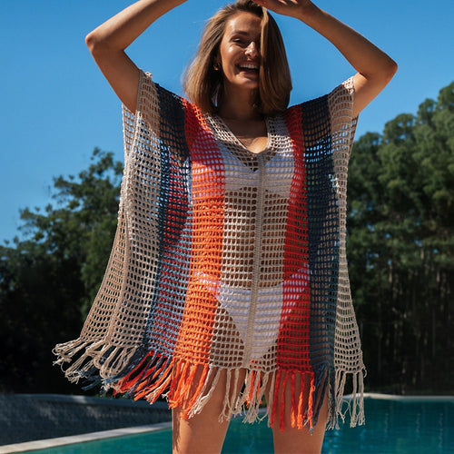 Damen Strandtunika mit modischem Netzdesign und fransenverziertem Saum Drune