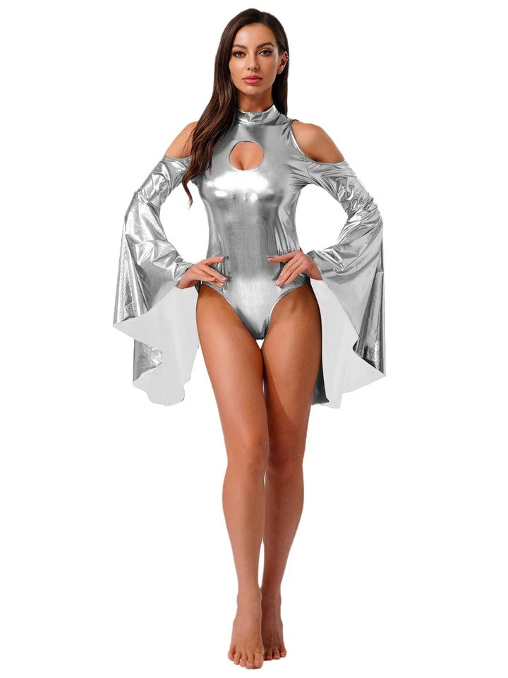 Damen Body mit schulterfreien Ärmeln und glamourösem Glanz Drune
