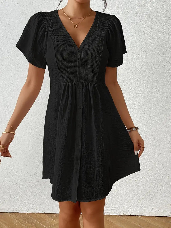 Damen Sommerkleid mit Puffärmeln und Knopfleiste Drune