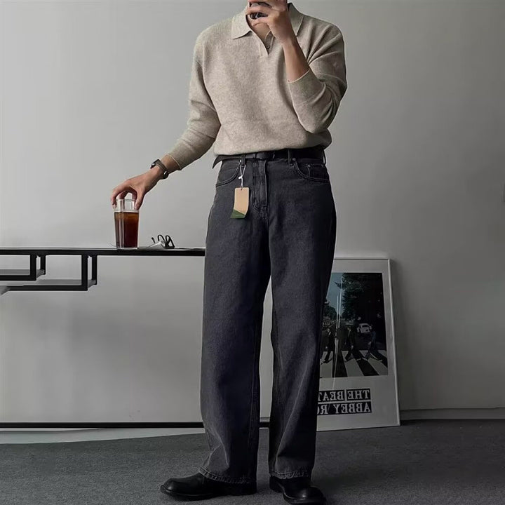 Herren Eleganter Langarm-Polo-Pullover mit Rippstruktur Drune