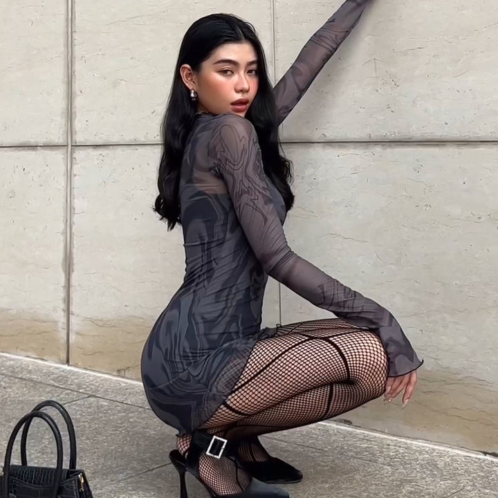 Damen figurbetontes Netzkleid mit marbled Effekt Drune
